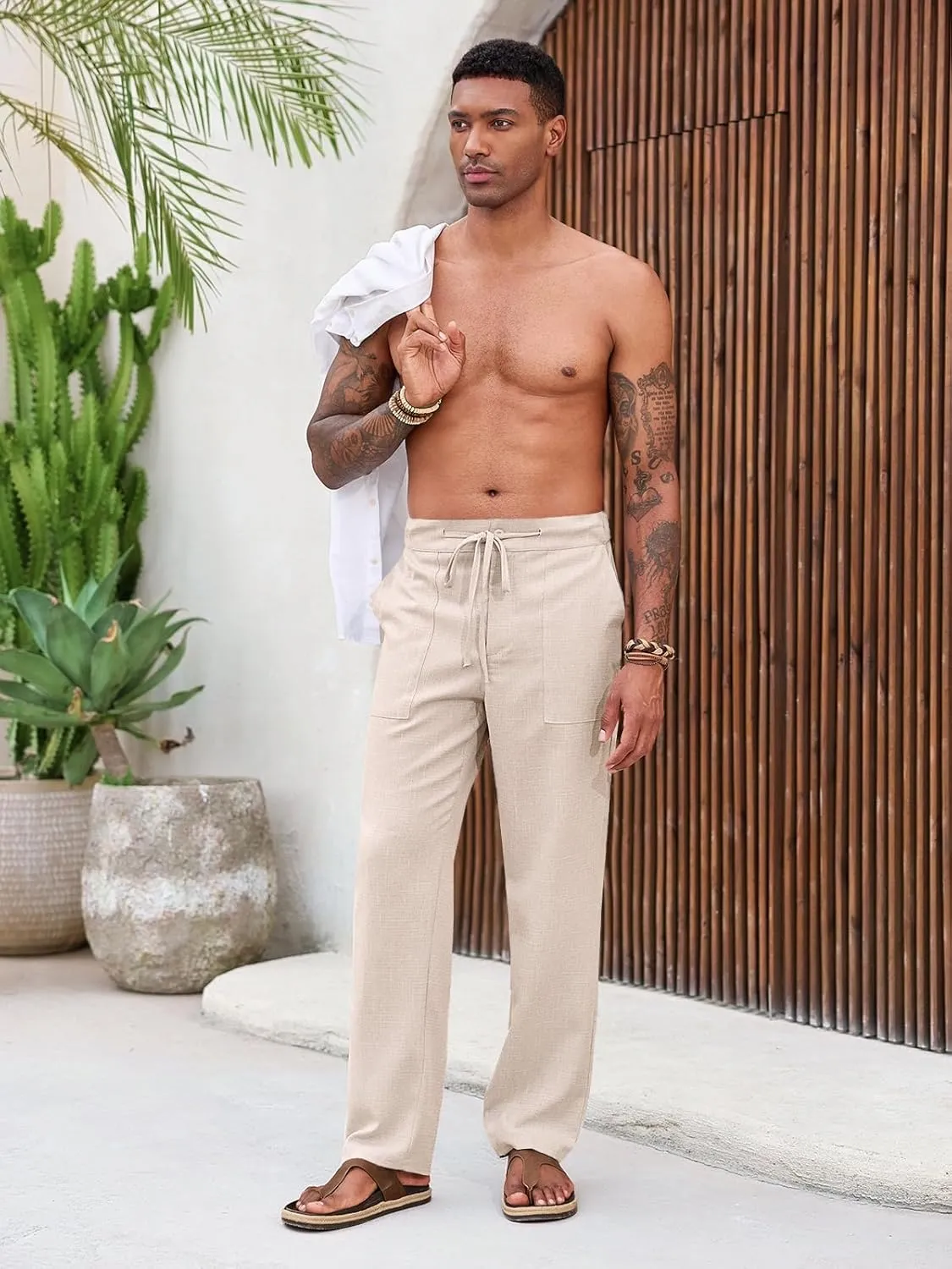 Runcati Mens Casual Pants Elastic Waist Drawstring Pants Lightweight Summer Beach Yoga Linen Trousers