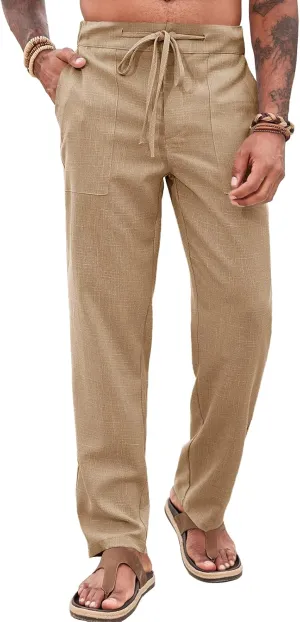 Runcati Mens Casual Pants Elastic Waist Drawstring Pants Lightweight Summer Beach Yoga Linen Trousers
