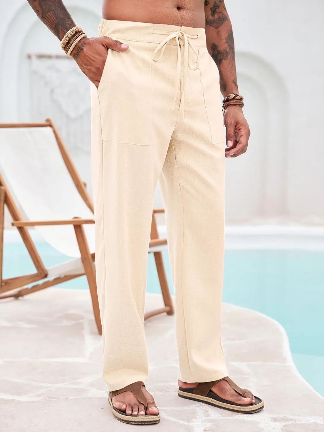 Runcati Mens Casual Pants Elastic Waist Drawstring Pants Lightweight Summer Beach Yoga Linen Trousers