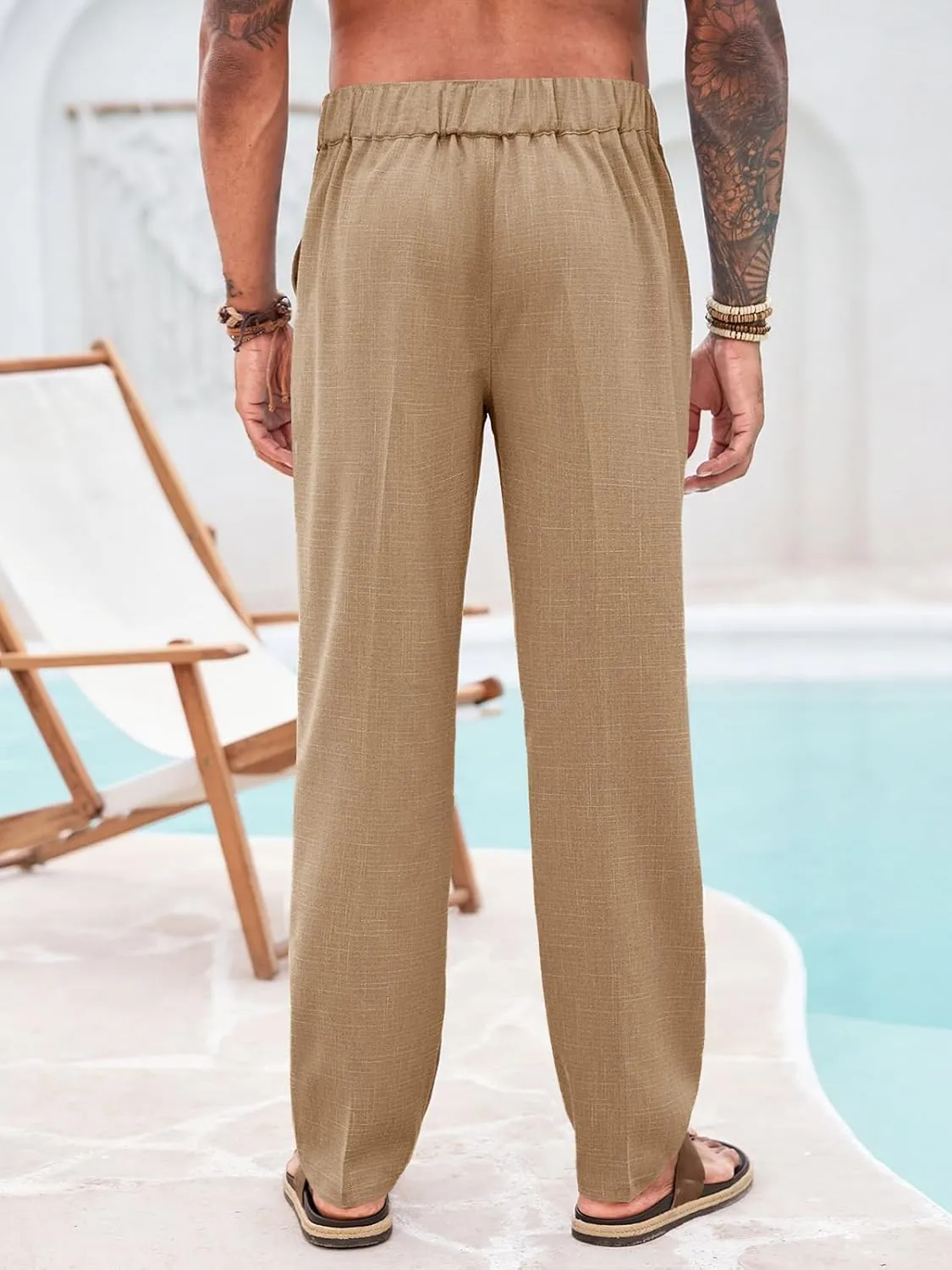Runcati Mens Casual Pants Elastic Waist Drawstring Pants Lightweight Summer Beach Yoga Linen Trousers