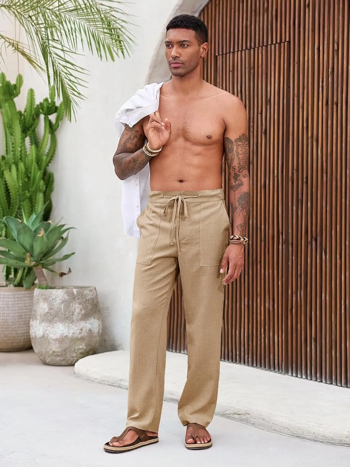 Runcati Mens Casual Pants Elastic Waist Drawstring Pants Lightweight Summer Beach Yoga Linen Trousers