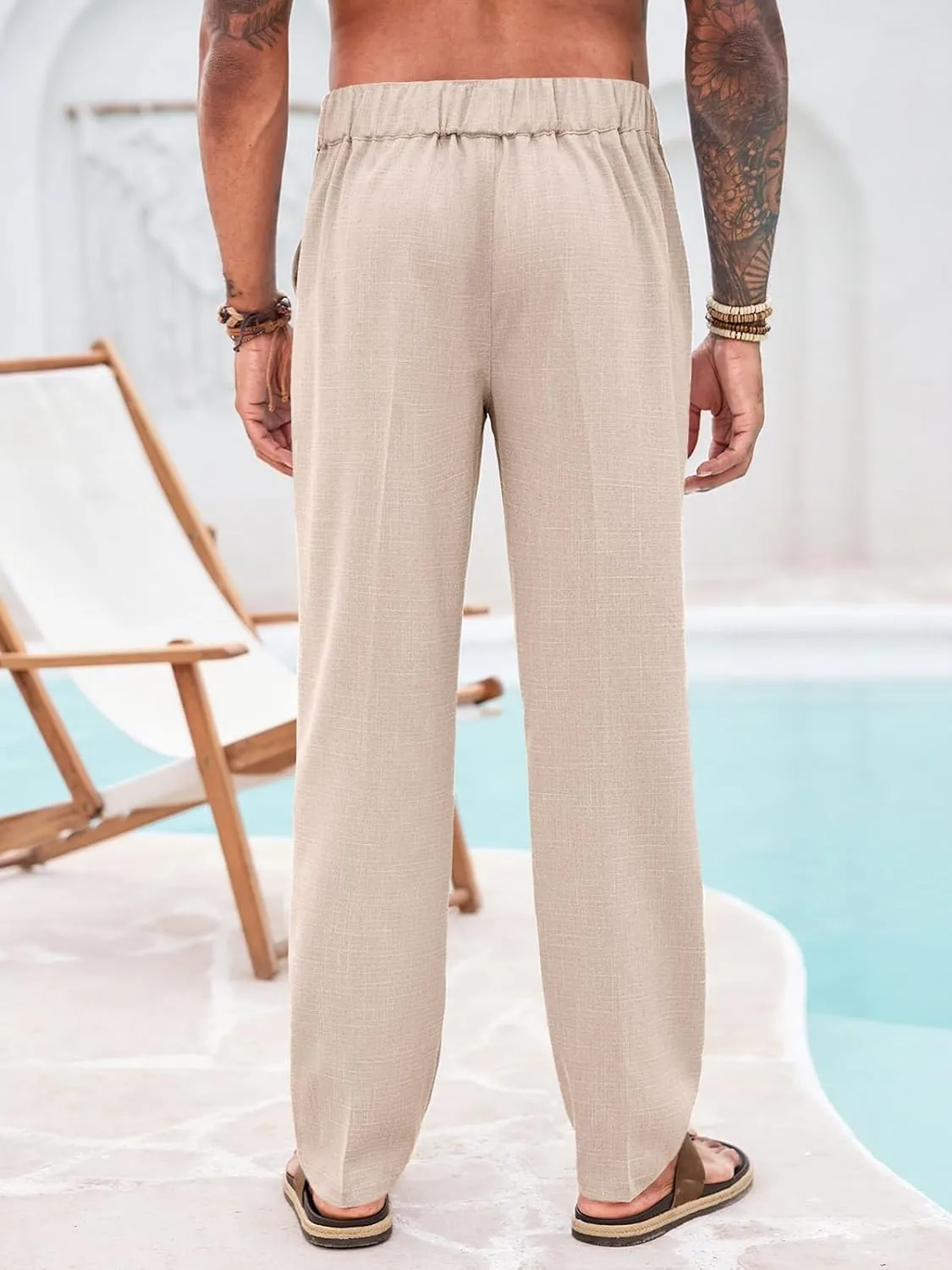 Runcati Mens Casual Pants Elastic Waist Drawstring Pants Lightweight Summer Beach Yoga Linen Trousers
