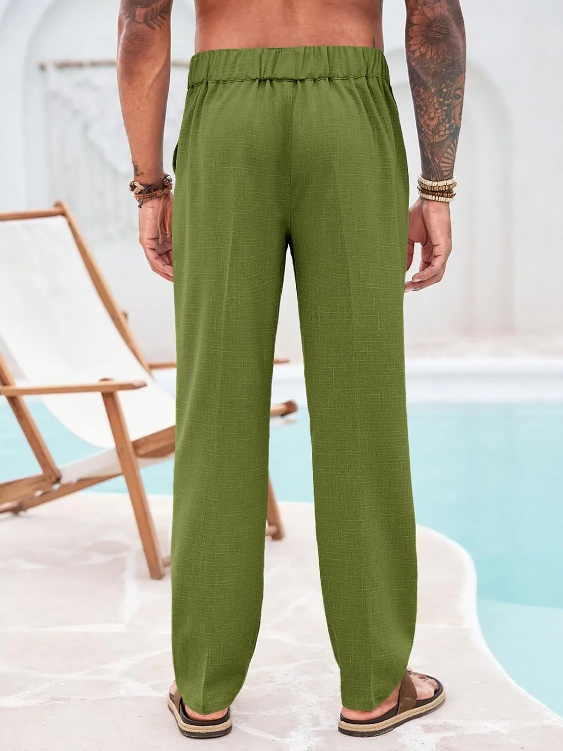 Runcati Mens Casual Pants Elastic Waist Drawstring Pants Lightweight Summer Beach Yoga Linen Trousers