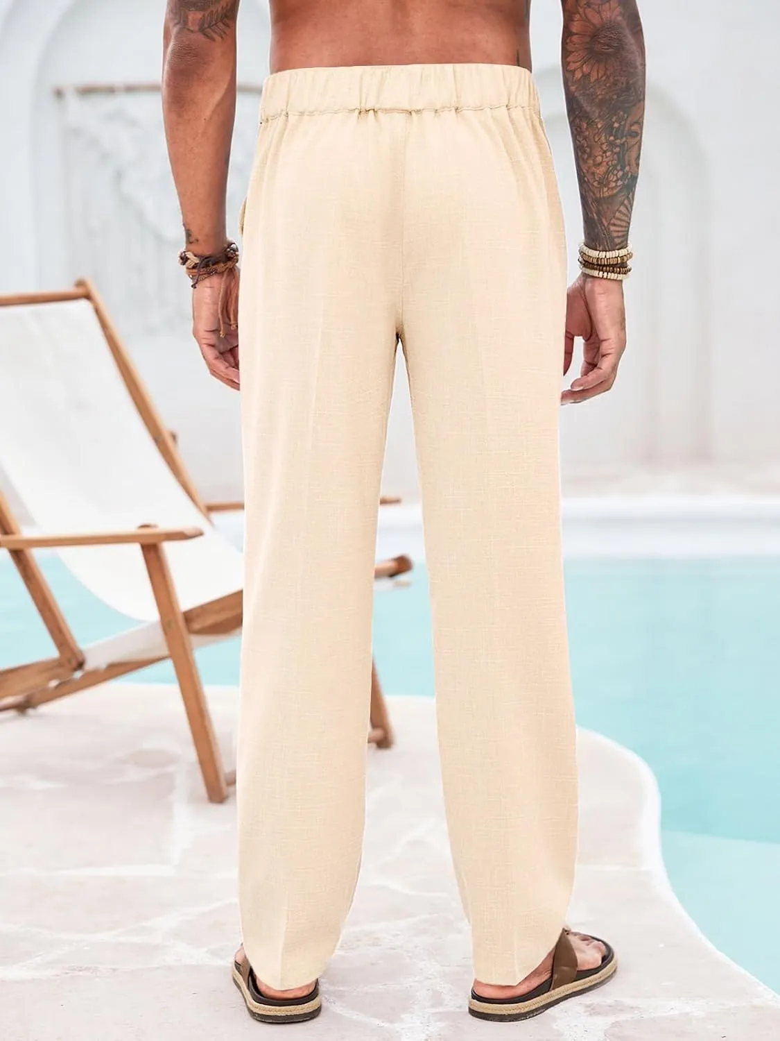 Runcati Mens Casual Pants Elastic Waist Drawstring Pants Lightweight Summer Beach Yoga Linen Trousers
