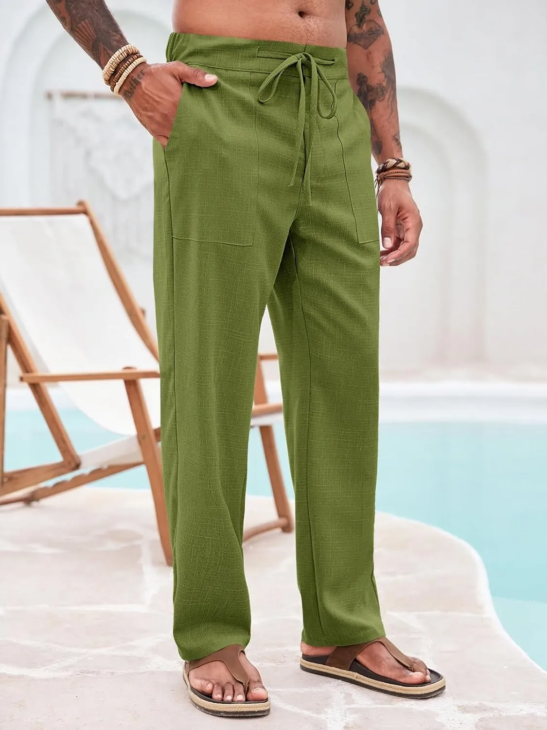 Runcati Mens Casual Pants Elastic Waist Drawstring Pants Lightweight Summer Beach Yoga Linen Trousers