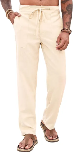 Runcati Mens Casual Pants Elastic Waist Drawstring Pants Lightweight Summer Beach Yoga Linen Trousers