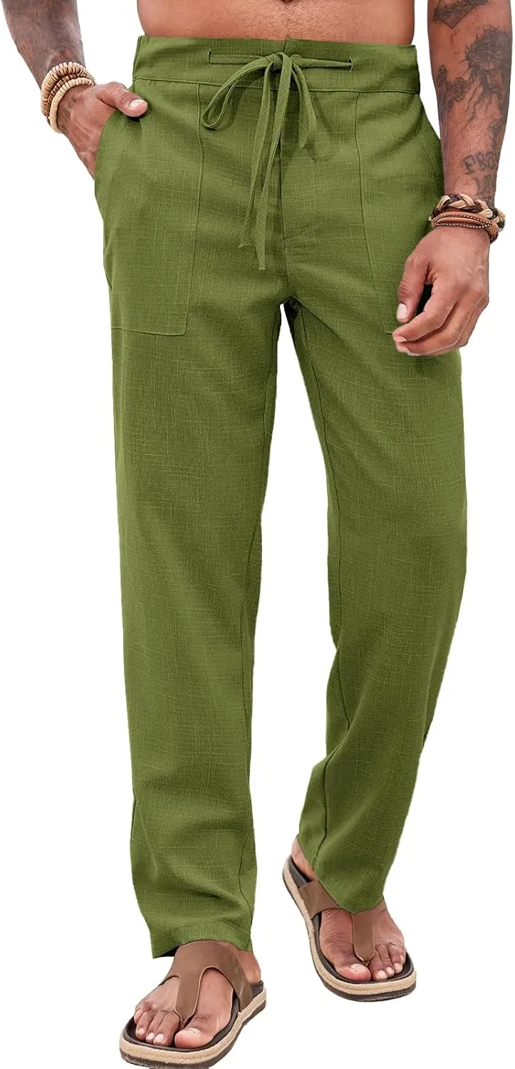 Runcati Mens Casual Pants Elastic Waist Drawstring Pants Lightweight Summer Beach Yoga Linen Trousers