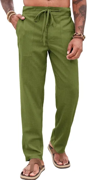 Runcati Mens Casual Pants Elastic Waist Drawstring Pants Lightweight Summer Beach Yoga Linen Trousers