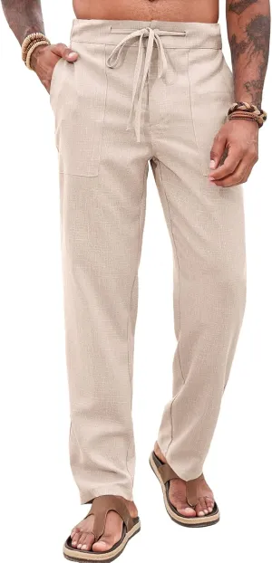 Runcati Mens Casual Pants Elastic Waist Drawstring Pants Lightweight Summer Beach Yoga Linen Trousers