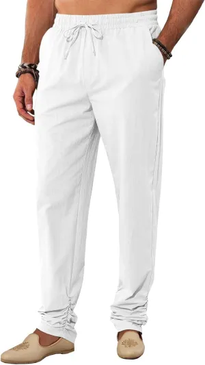 Runcati Mens Kaftan Thobe Pants Cotton Casual Elastic Waist Drawstring Muslim Trousers Summer Yoga Kurta Pants with Pockets