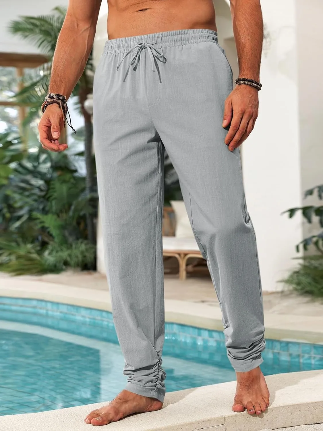 Runcati Mens Kaftan Thobe Pants Cotton Casual Elastic Waist Drawstring Muslim Trousers Summer Yoga Kurta Pants with Pockets