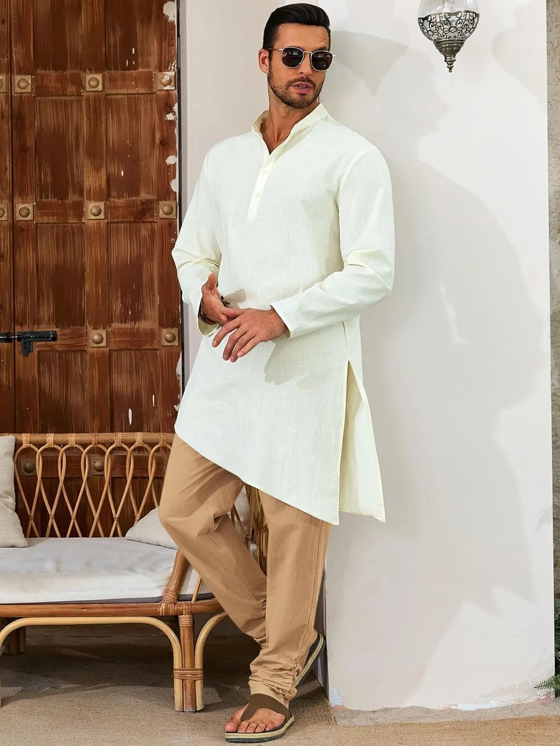 Runcati Mens Kaftan Thobe Pants Cotton Casual Elastic Waist Drawstring Muslim Trousers Summer Yoga Kurta Pants with Pockets