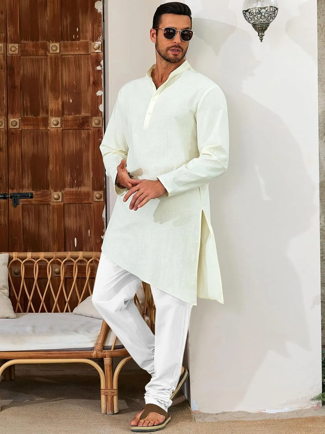 Runcati Mens Kaftan Thobe Pants Cotton Casual Elastic Waist Drawstring Muslim Trousers Summer Yoga Kurta Pants with Pockets