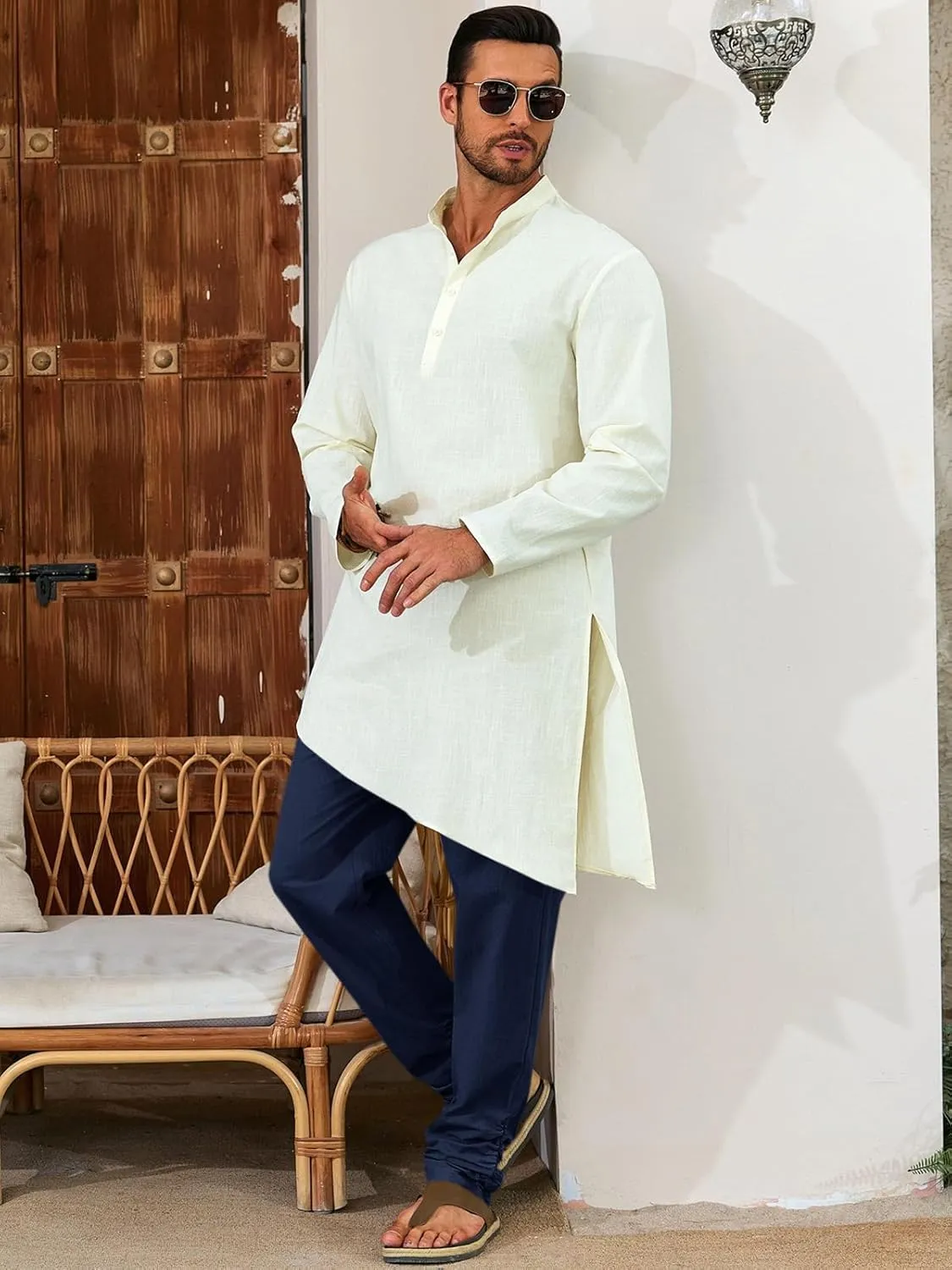 Runcati Mens Kaftan Thobe Pants Cotton Casual Elastic Waist Drawstring Muslim Trousers Summer Yoga Kurta Pants with Pockets