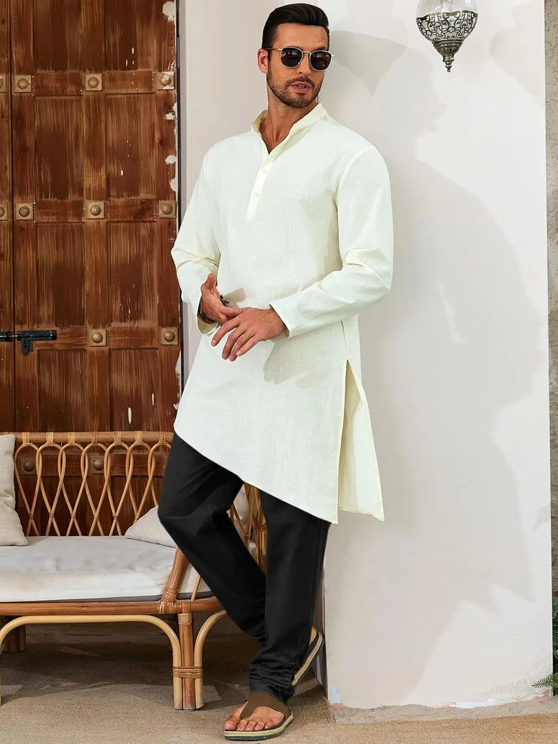 Runcati Mens Kaftan Thobe Pants Cotton Casual Elastic Waist Drawstring Muslim Trousers Summer Yoga Kurta Pants with Pockets