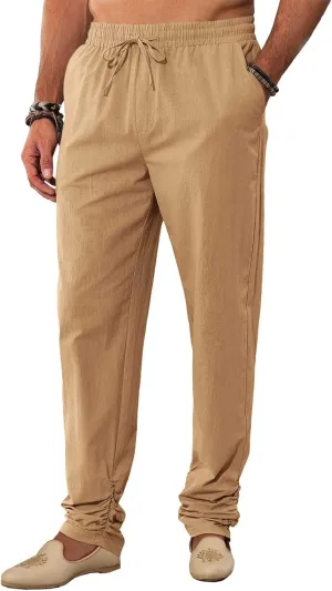 Runcati Mens Kaftan Thobe Pants Cotton Casual Elastic Waist Drawstring Muslim Trousers Summer Yoga Kurta Pants with Pockets