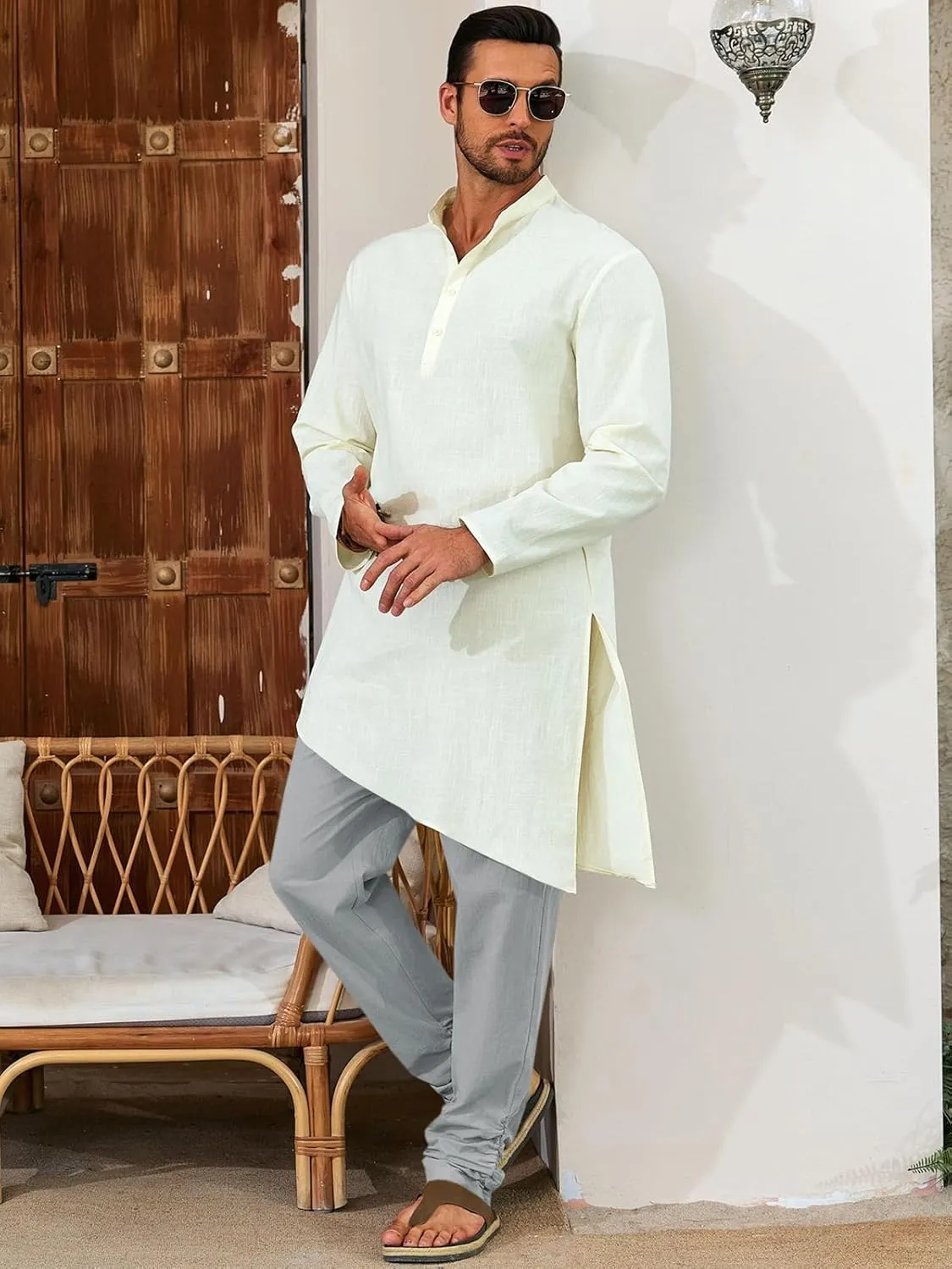 Runcati Mens Kaftan Thobe Pants Cotton Casual Elastic Waist Drawstring Muslim Trousers Summer Yoga Kurta Pants with Pockets