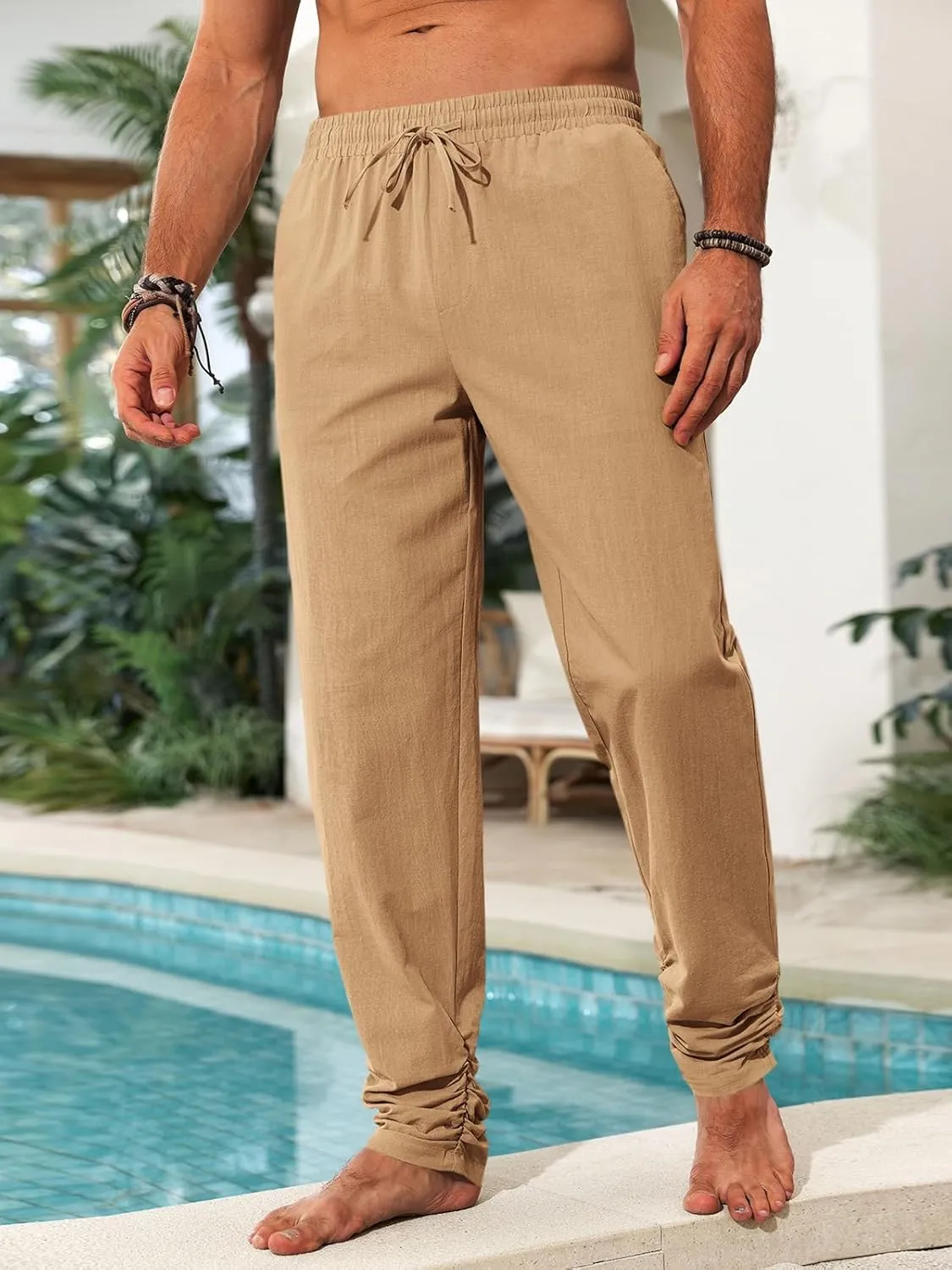 Runcati Mens Kaftan Thobe Pants Cotton Casual Elastic Waist Drawstring Muslim Trousers Summer Yoga Kurta Pants with Pockets