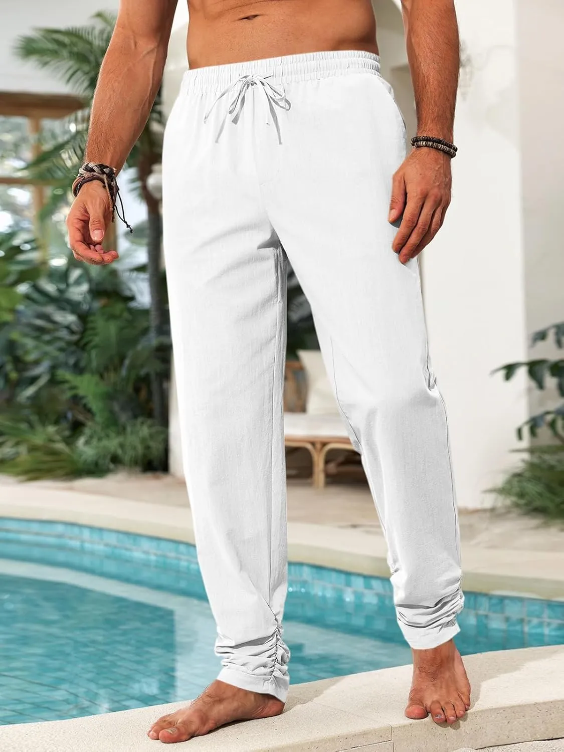 Runcati Mens Kaftan Thobe Pants Cotton Casual Elastic Waist Drawstring Muslim Trousers Summer Yoga Kurta Pants with Pockets