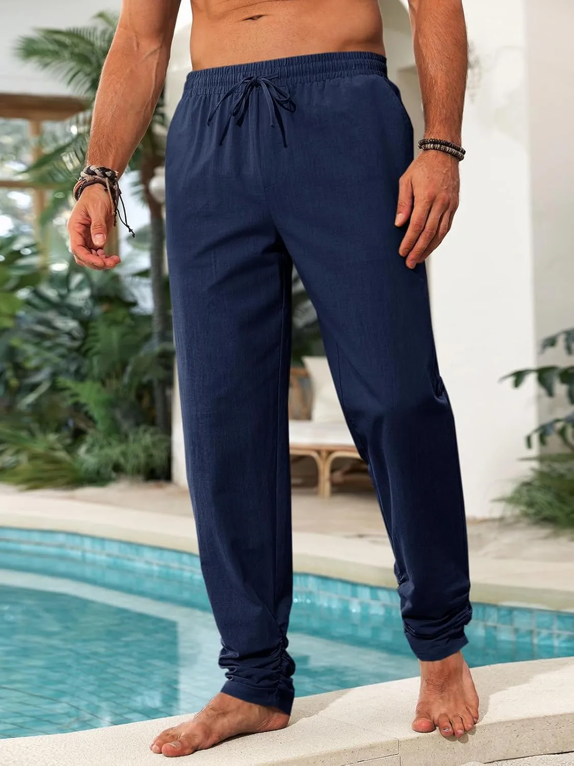 Runcati Mens Kaftan Thobe Pants Cotton Casual Elastic Waist Drawstring Muslim Trousers Summer Yoga Kurta Pants with Pockets