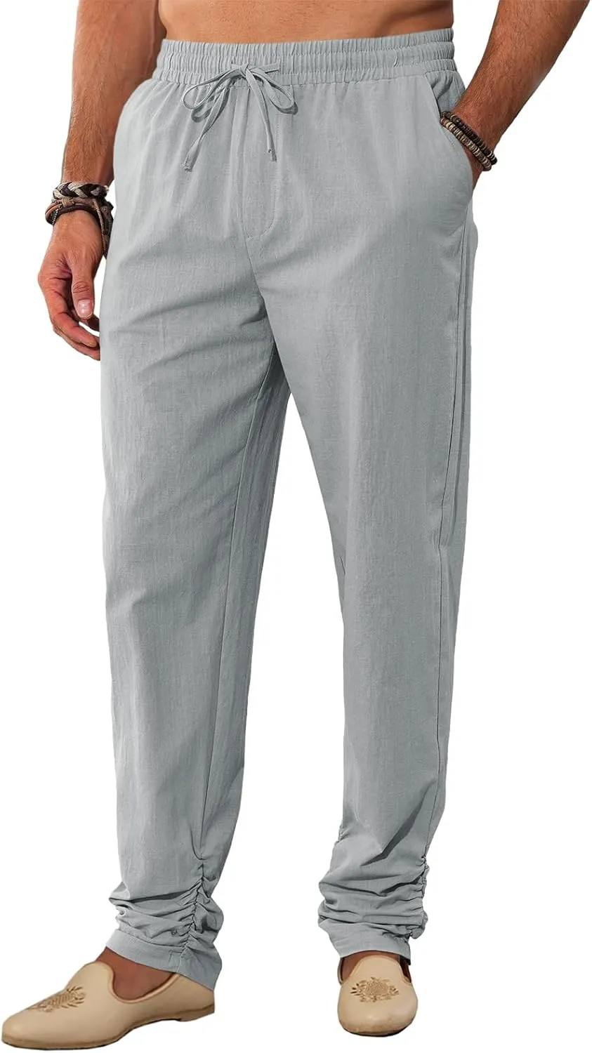 Runcati Mens Kaftan Thobe Pants Cotton Casual Elastic Waist Drawstring Muslim Trousers Summer Yoga Kurta Pants with Pockets
