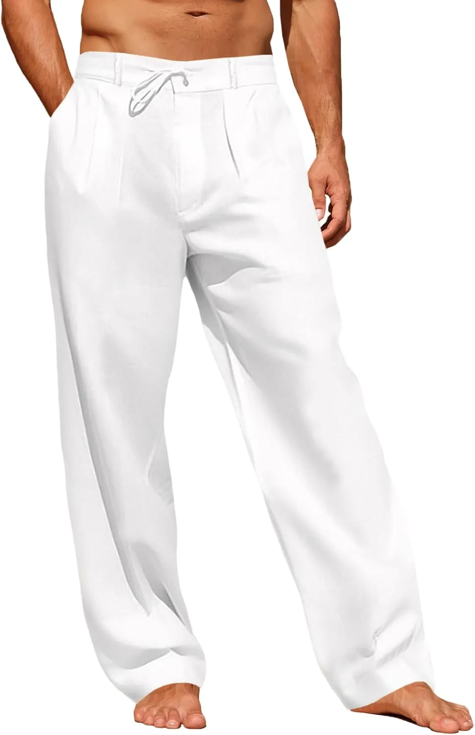 Runcati Mens Linen Cotton Casual Pants Elastic Waist Drawstring Lightweight Pants Loose Fit Summer Beach Yoga Trousers