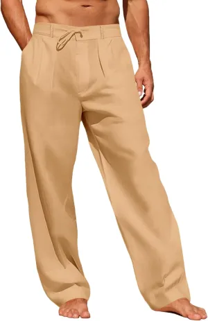 Runcati Mens Linen Cotton Casual Pants Elastic Waist Drawstring Lightweight Pants Loose Fit Summer Beach Yoga Trousers