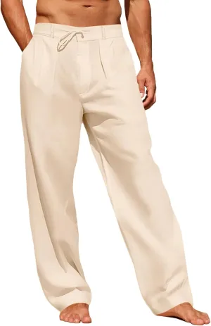 Runcati Mens Linen Cotton Casual Pants Elastic Waist Drawstring Lightweight Pants Loose Fit Summer Beach Yoga Trousers