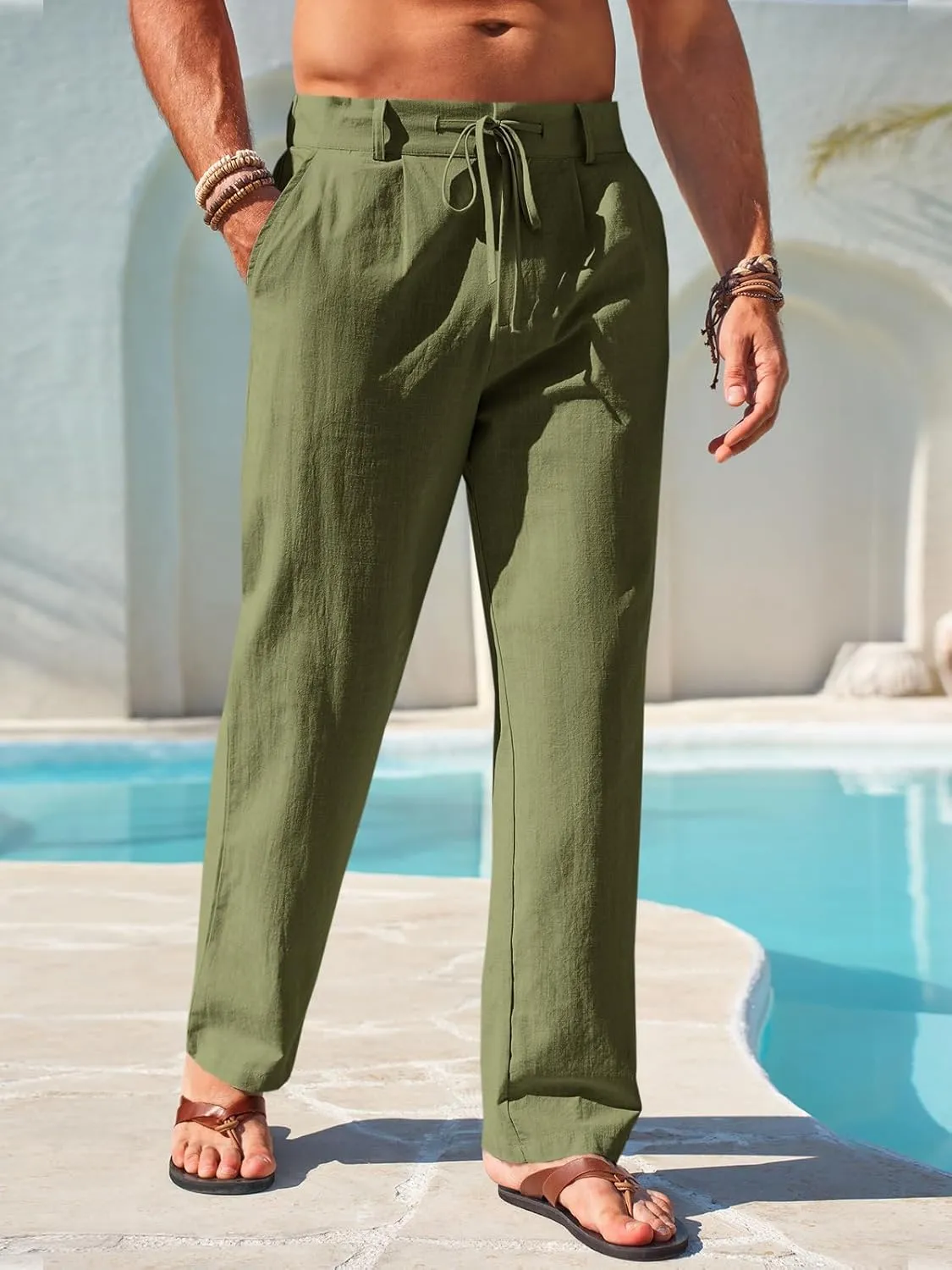 Runcati Mens Linen Cotton Casual Pants Elastic Waist Drawstring Lightweight Pants Loose Fit Summer Beach Yoga Trousers