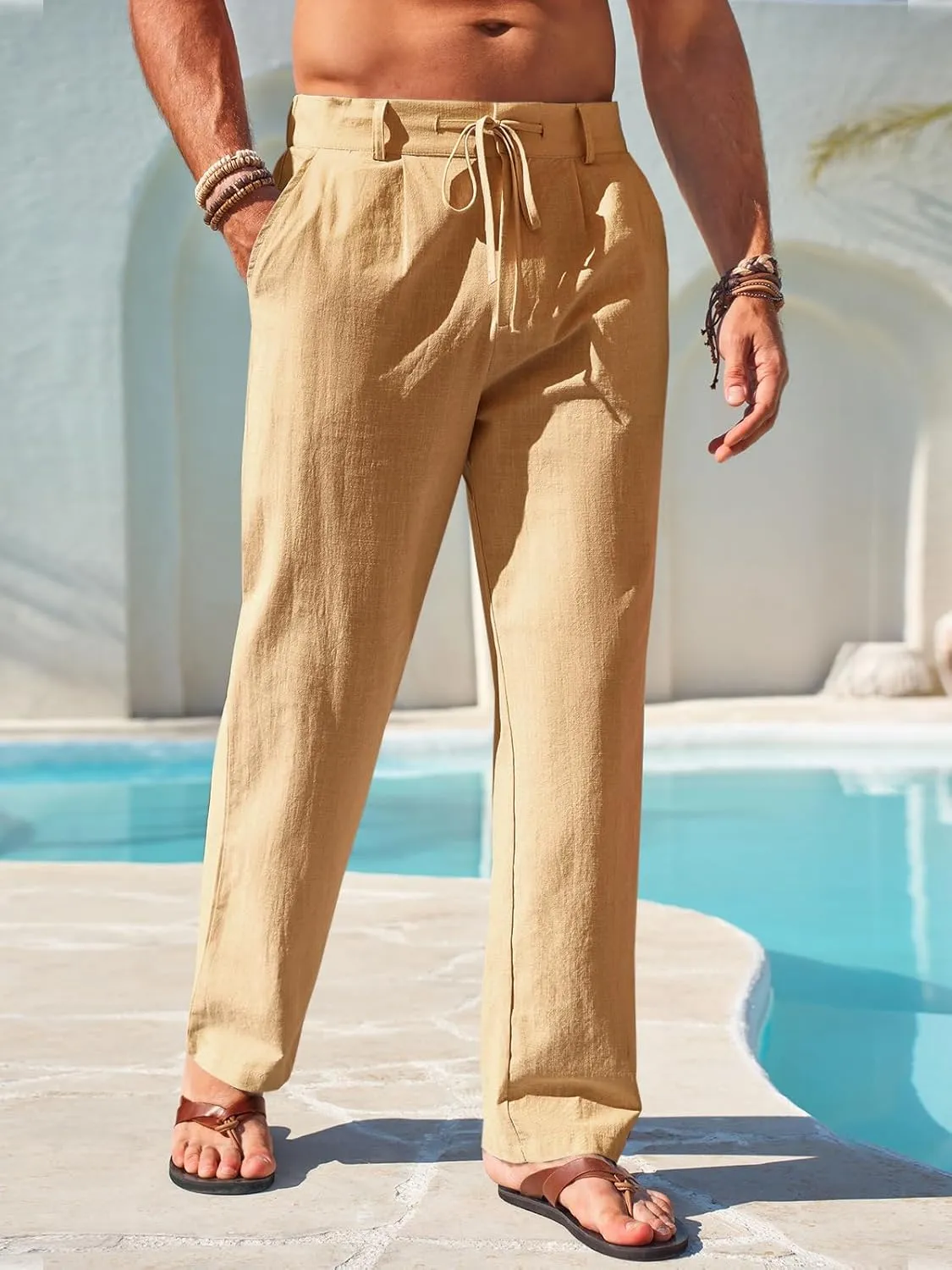 Runcati Mens Linen Cotton Casual Pants Elastic Waist Drawstring Lightweight Pants Loose Fit Summer Beach Yoga Trousers