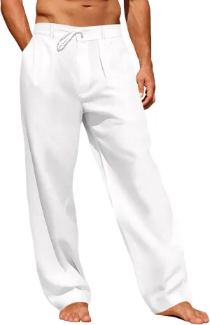Runcati Mens Linen Cotton Casual Pants Elastic Waist Drawstring Lightweight Pants Loose Fit Summer Beach Yoga Trousers