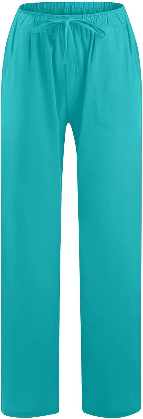 Ruziyoog Womens Cotton Linen Palazzo Pants Drawstring Elastic Waist Casual Wide Leg Beach Pants Summer Loose Fit Trousers