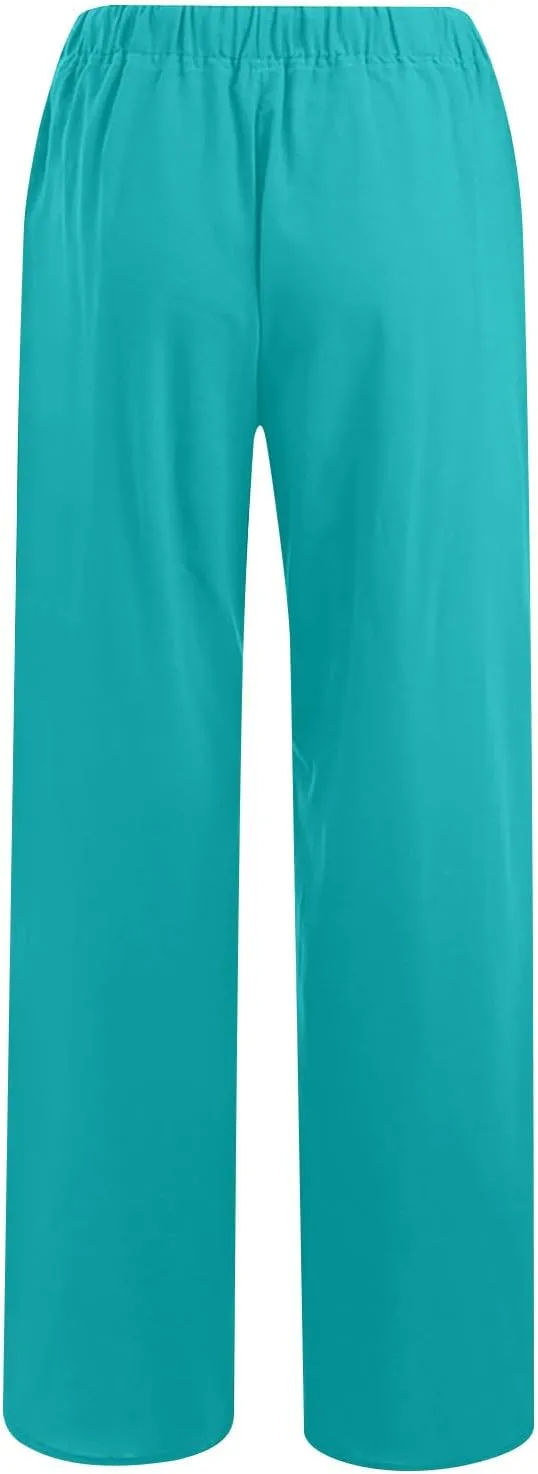 Ruziyoog Womens Cotton Linen Palazzo Pants Drawstring Elastic Waist Casual Wide Leg Beach Pants Summer Loose Fit Trousers