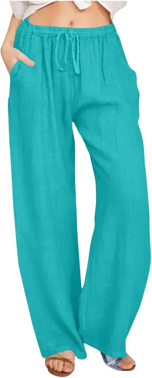 Ruziyoog Womens Cotton Linen Palazzo Pants Drawstring Elastic Waist Casual Wide Leg Beach Pants Summer Loose Fit Trousers