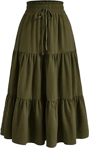 Rvidbe Women's Summer Casual Maxi Skirt Pleated A-Line Flowy Ruffle Tiered Elastic High Waist Vacation Beach Long Skirts