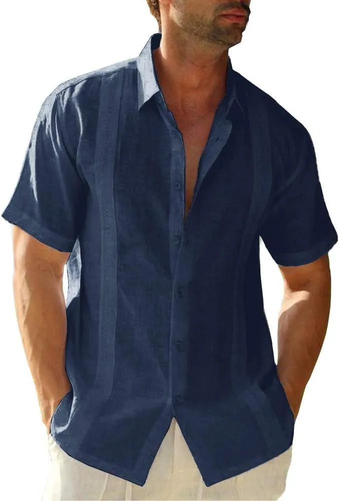 Ryannology Mens Guayabera Shirts Linen Short Sleeve Button Down Casual Beach Cuban Camp Mexican Shirt for Men Khaki