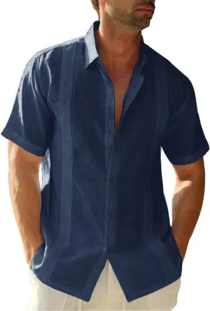 Ryannology Mens Guayabera Shirts Linen Short Sleeve Button Down Casual Beach Cuban Camp Mexican Shirt for Men Khaki
