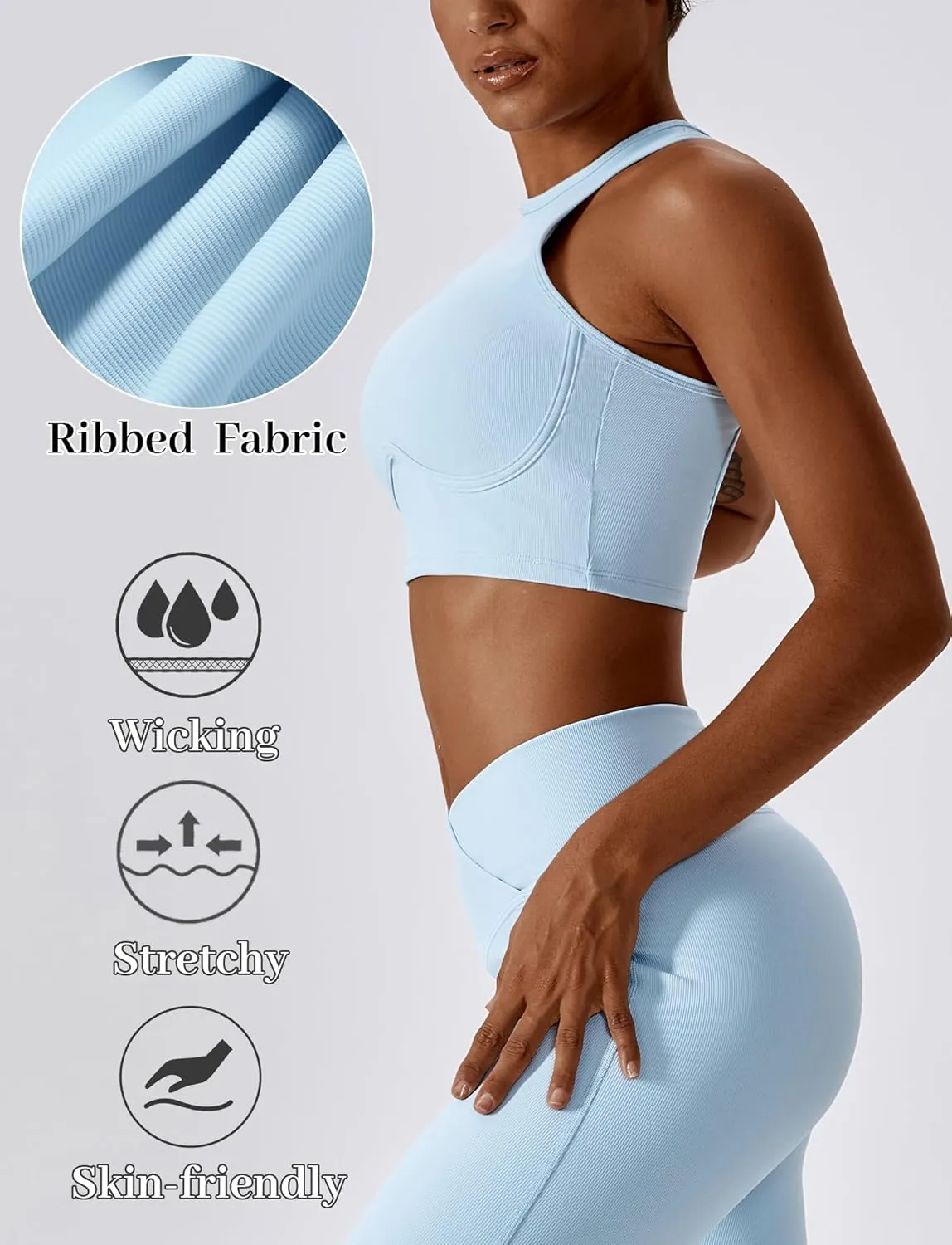 SEAUR Women's Seamless Ribbed Sports Bra Racerback High Impact Workout Crop Top Gym Running Hollow Out Tank Tops