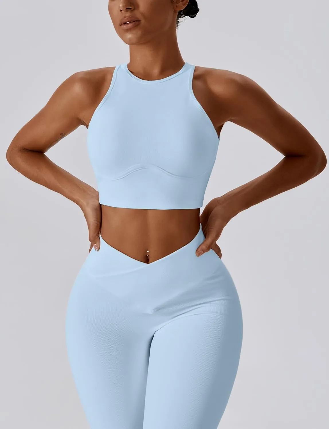 SEAUR Women's Seamless Ribbed Sports Bra Racerback High Impact Workout Crop Top Gym Running Hollow Out Tank Tops