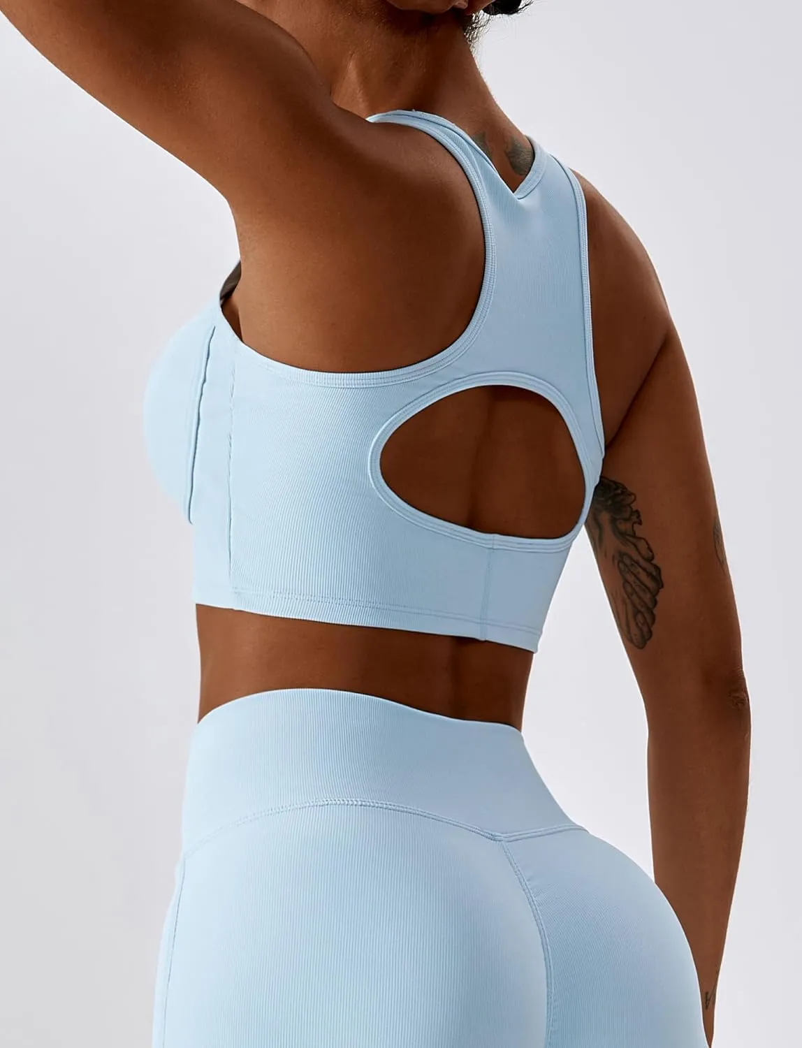 SEAUR Women's Seamless Ribbed Sports Bra Racerback High Impact Workout Crop Top Gym Running Hollow Out Tank Tops