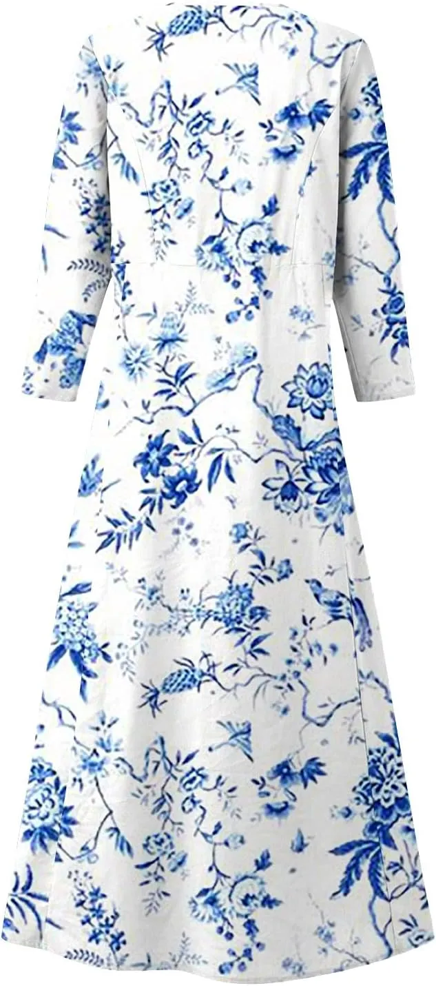 Segaven Womens Dresses Boho Flowy 3/4 Sleeve Sundresses with Pocket U Neck Printed Maxi Dresses Casual Beach Dress