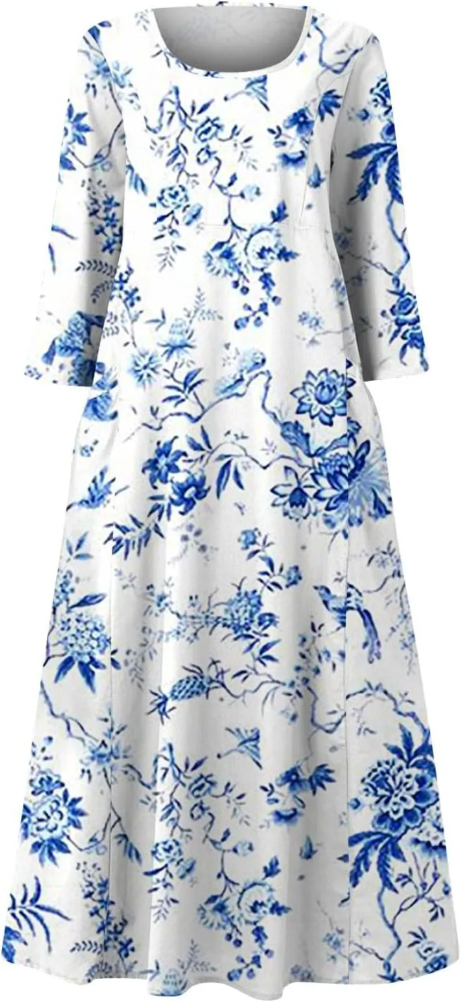Segaven Womens Dresses Boho Flowy 3/4 Sleeve Sundresses with Pocket U Neck Printed Maxi Dresses Casual Beach Dress