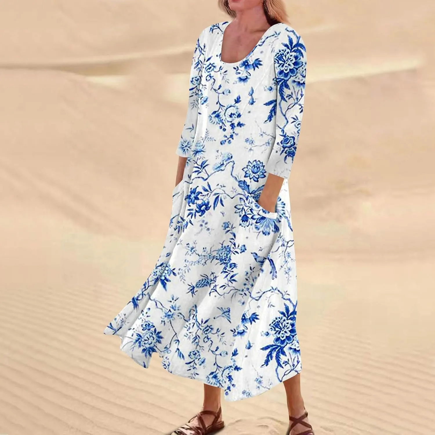 Segaven Womens Dresses Boho Flowy 3/4 Sleeve Sundresses with Pocket U Neck Printed Maxi Dresses Casual Beach Dress