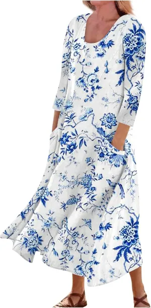 Segaven Womens Dresses Boho Flowy 3/4 Sleeve Sundresses with Pocket U Neck Printed Maxi Dresses Casual Beach Dress