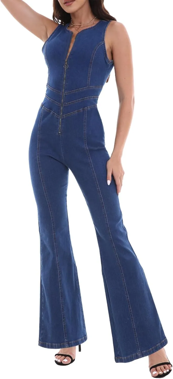 Sexyshine Women's Lapel V Neck Sleeveless Slim Fit One Piece Denim Jumpsuit Zipper Up Full Length Jeans Rompers Overalls
