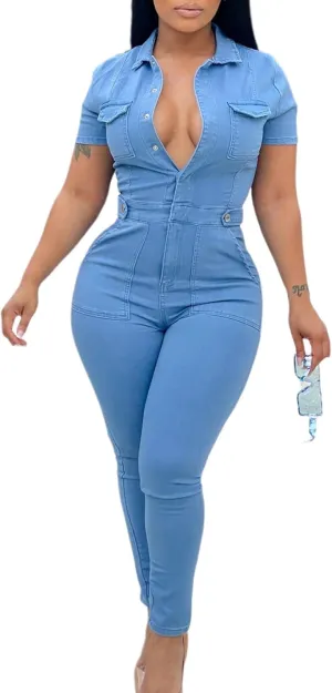 Sexyshine Women's Sexy Button Down Slim Fit Denim Long Jumpsuit Playsuit Lapel Full length Jeans Rompers Overalls