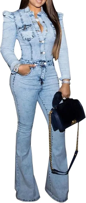 Sexyshine Women's Sexy Button Down Slim Fit Denim Long Jumpsuit Playsuit Lapel Full length Jeans Rompers Overalls