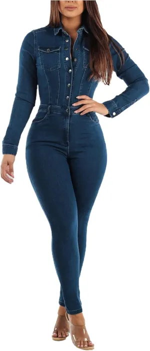 Sexyshine Women's Sexy Button Down Slim Fit Denim Long Jumpsuit Playsuit Lapel Full length Jeans Rompers Overalls