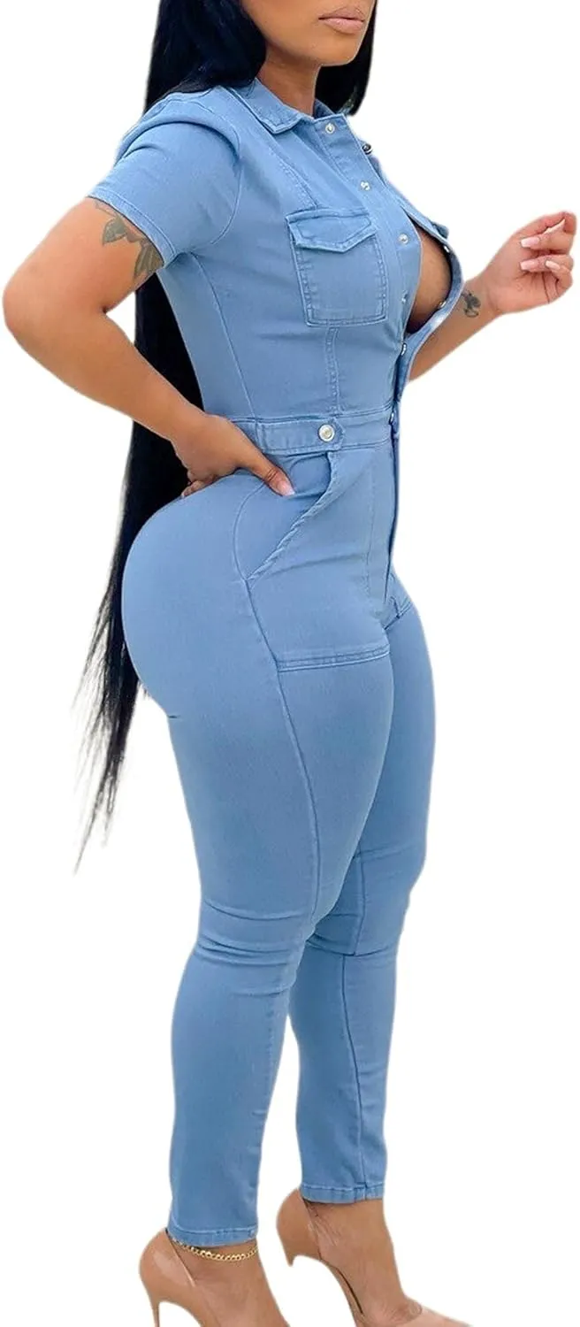 Sexyshine Women's Sexy Button Down Slim Fit Denim Long Jumpsuit Playsuit Lapel Full length Jeans Rompers Overalls