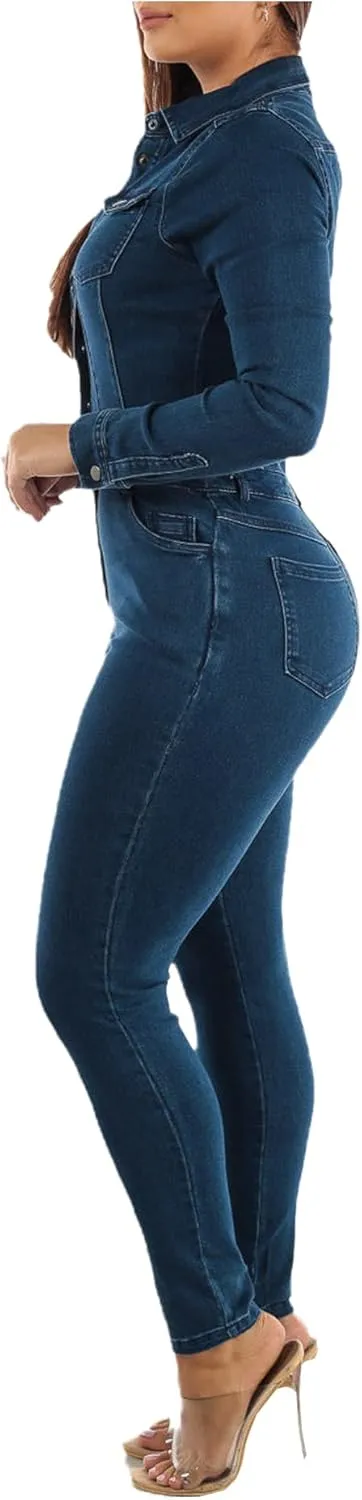 Sexyshine Women's Sexy Button Down Slim Fit Denim Long Jumpsuit Playsuit Lapel Full length Jeans Rompers Overalls